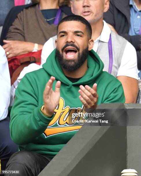 Drake attends day eight of the Wimbledon Tennis Championships at the All England Lawn Tennis and Croquet Club on July 10, 2018 in London, England.