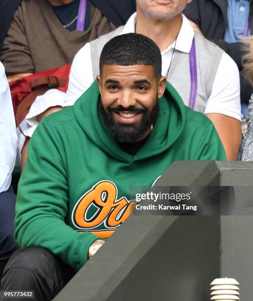 Drake attends day eight of the Wimbledon Tennis Championships at the All England Lawn Tennis and Croquet Club on July 10, 2018 in London, England.