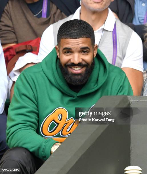 Drake attends day eight of the Wimbledon Tennis Championships at the All England Lawn Tennis and Croquet Club on July 10, 2018 in London, England.