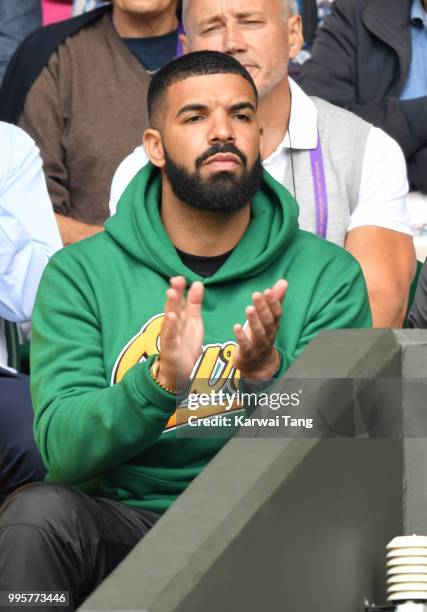 Drake attends day eight of the Wimbledon Tennis Championships at the All England Lawn Tennis and Croquet Club on July 10, 2018 in London, England.