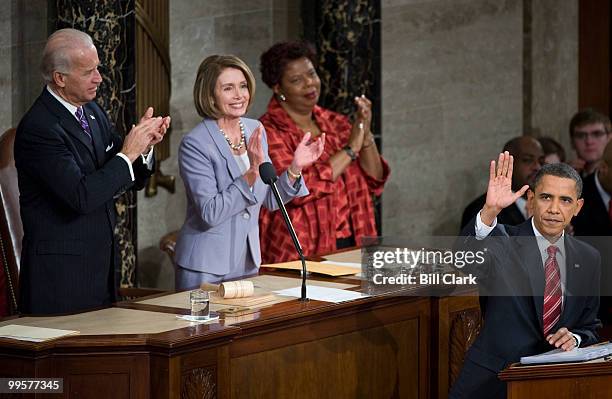 President Barack Obama delivers his first State of the Union Address before a joint session of Congress on Wednesday, Jan. 27, 2010. Behind the...