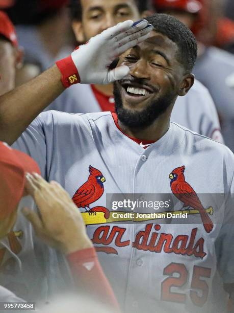 Dexter Fowler of the St. Louis Cardinals celebrates in the dugout after hitting a grand slam home run in the 6th inning against the Chicago White Sox...