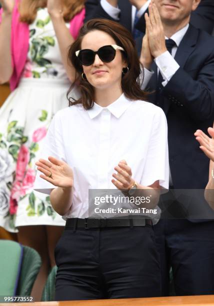 Michelle Dockery attends day eight of the Wimbledon Tennis Championships at the All England Lawn Tennis and Croquet Club on July 10, 2018 in London,...