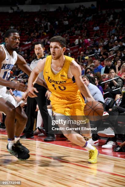 Svi Mykhailiuk of the Los Angeles Lakers handles the ball against the New York Knicks during the 2018 Las Vegas Summer League on July 10, 2018 at the...