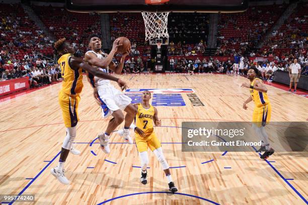 Allonzo Trier of the New York Knicks goes to the basket against the Los Angeles Lakers during the 2018 Las Vegas Summer League on July 10, 2018 at...