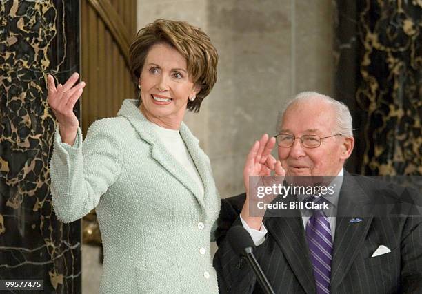 Speaker of the House Nancy Pelosi and former House Minority Leader Bob Michel talk before President George Bush delivers his State of the Union...