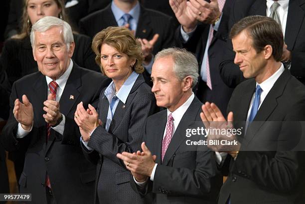 Senators from left, Richard Lugar, R-Ind., Lisa Murkowski, R-Alaska, Bob Corker, R-Tenn., and John Thune, R-S.D., clap as dignitaries arrive for...