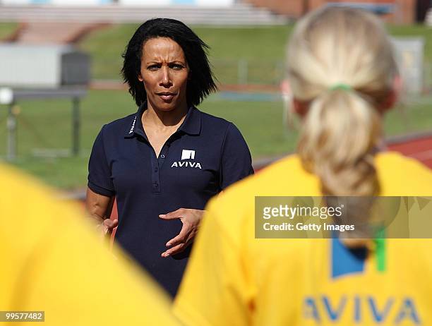 Kelly Holmes in action during the Aviva sponsored mentoring day for young athletes at Loughborough College on May 15, 2010 in Loughborough, England.