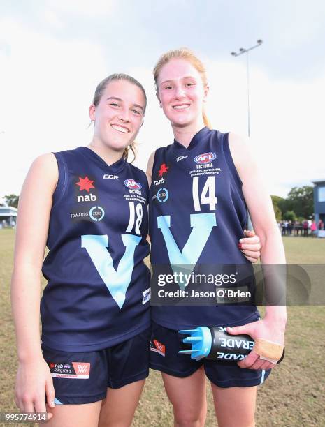 Vic Metro's Abbie Mckay and Isabella Grant during the AFLW U18 Championships match between Queensland and Vic Metro at Broadbeach Sports Club on July...