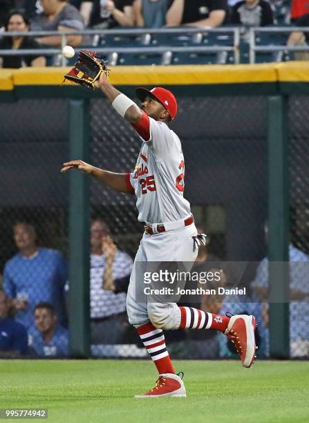 Dexter Fowler of the St. Louis Cardinals makes a catch in the 4th inning against the Chicago White Sox at Guaranteed Rate Field on July 10, 2018 in...