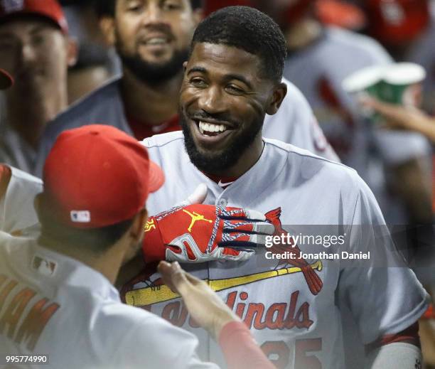 Dexter Fowler of the St. Louis Cardinals celebrates in the dugout after hitting a grand slam home run in the 6th inning against the Chicago White Sox...