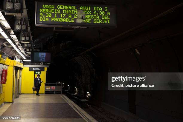 Display informs about a general strike and limited public transport service in a subway station in Barcelona, Spain, 03 October 2017. Labor unions...