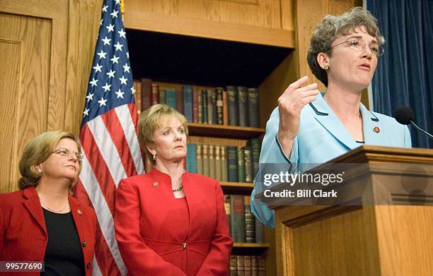 From left, Rep. Ileana Ros-Lehtinen, R-Fla., and Republican Conference Vice Chair Kay Granger, R-Texas, listen as Rep. Heather Wilson, R-N.M., speaks...