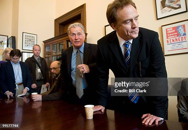 West Wing cast members, from left, Richard Schiff, Martin Sheen, and Bradley Whitford attend a press conference in Sen. Kennedy's office following...