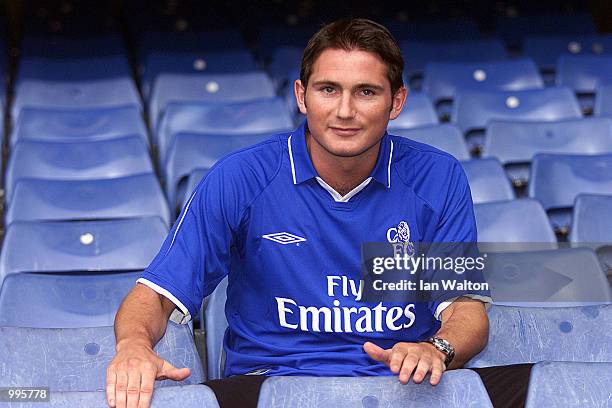 Frank Lampard poses with his new Chelsea team jersey after his signing to Chelsea FC at Stamford Bridge, London. Digital Image. Mandatory Credit: Ian...