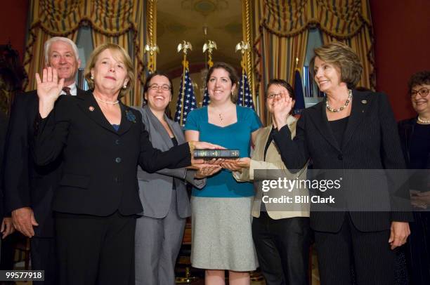 Rep. Niki Tsongas, D-Mass., and Speaker of the House Hancy Pelosi, D-Calif., pose during the mock swearing-in ceremony for Rep. Tsongas following the...