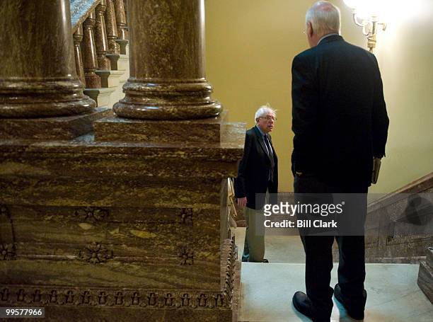 Sen. Bernie Sanders, I-Vt., left, and Sen. Patrick Leahy, D-Vt., talk on the second floor of the Capitol on Saturday morning, Dec. 19, 2009.