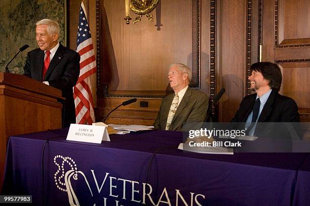 From left, Sen. Richard Lugar, R-Ind., speaks as Librarian of Congress James Billington and filmmaker Ken Burns listen during the news conference to...