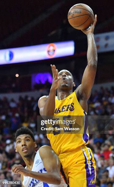 Nick King of the Los Angeles Lakers shoots against Allonzo Trier of the New York Knicks during the 2018 NBA Summer League at the Thomas & Mack Center...
