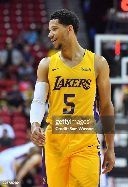 Josh Hart of the Los Angeles Lakers stands on the court during his team's game against the New York Knicks during the 2018 NBA Summer League at the...