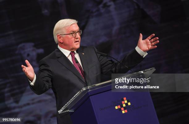 German President Frank-Walter Steinmeier speaks during the central celebration of the German Unity Day in the Rheingoldhalle in Mainz, Germany, 03...