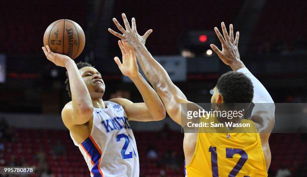Kevin Knox of the New York Knicks shoots against Jeff Ayres of the Los Angeles Lakers during the 2018 NBA Summer League at the Thomas & Mack Center...