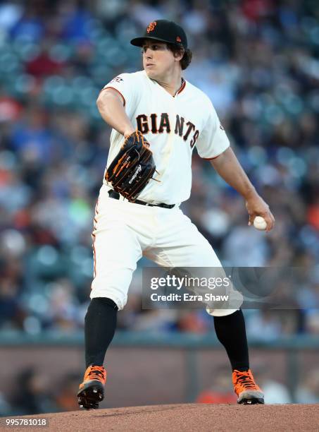 Derek Holland of the San Francisco Giants pitches against the Chicago Cubs in the first inning at AT&T Park on July 10, 2018 in San Francisco,...