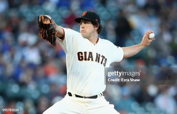 Derek Holland of the San Francisco Giants pitches against the Chicago Cubs in the first inning at AT&T Park on July 10, 2018 in San Francisco,...