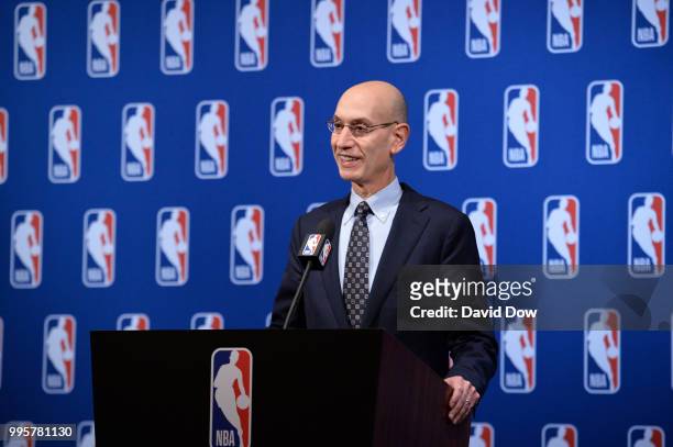 Commissioner Adam Silver speaks to the media after the Board of Governors meetings on July 10, 2018 at The Encore Casino and Hotel in Las Vegas,...
