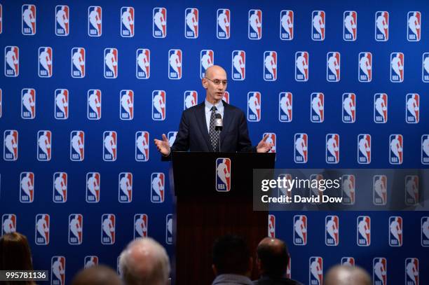 Commissioner Adam Silver speaks to the media after the Board of Governors meetings on July 10, 2018 at The Encore Casino and Hotel in Las Vegas,...