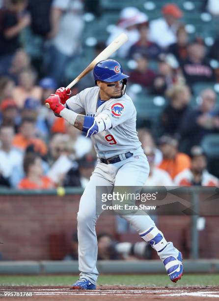Javier Baez of the Chicago Cubs bats against the San Francisco Giants in the first inning at AT&T Park on July 10, 2018 in San Francisco, California.