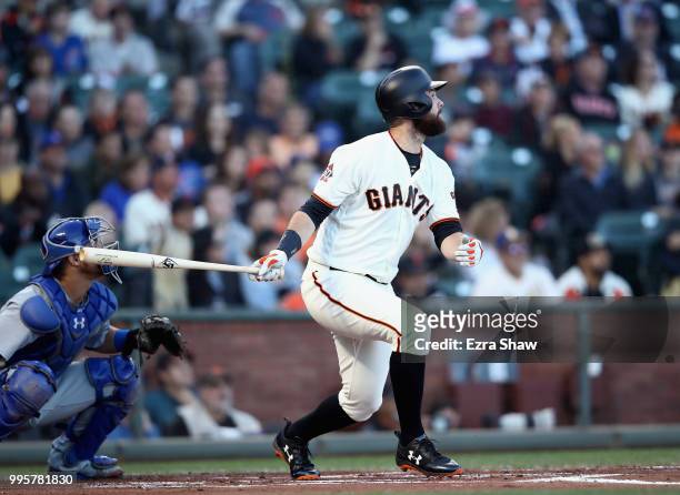 Brandon Belt of the San Francisco Giants bats against the Chicago Cubs in the first inning at AT&T Park on July 10, 2018 in San Francisco, California.