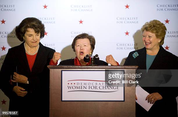 From left, Sen. Dianne Feinstein, D-Calif., Sen. Barbara Mikulski, D-Md., and Sen. Debbie Stabenow, D-Mich., participate with other Democratic female...