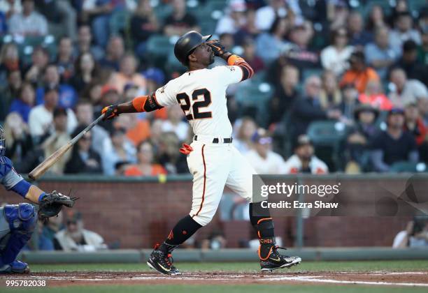 Andrew McCutchen of the San Francisco Giants bats against the Chicago Cubs in the first inning at AT&T Park on July 10, 2018 in San Francisco,...