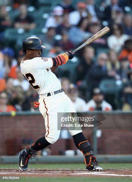 Andrew McCutchen of the San Francisco Giants bats against the Chicago Cubs in the first inning at AT&T Park on July 10, 2018 in San Francisco,...