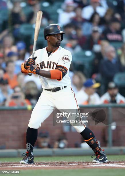 Andrew McCutchen of the San Francisco Giants bats against the Chicago Cubs in the first inning at AT&T Park on July 10, 2018 in San Francisco,...