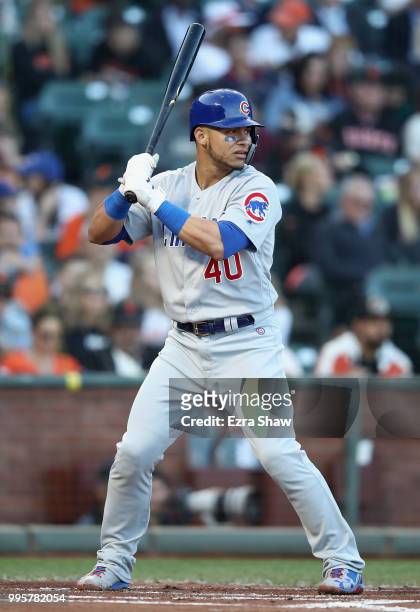 Willson Contreras of the Chicago Cubs bats against the San Francisco Giants in the second inning at AT&T Park on July 10, 2018 in San Francisco,...