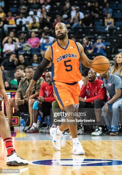 Baron Davis co-captain of 3's Company during game 1 in week three of the BIG3 3-on-3 basketball league on Friday, July 6, 2018 at the Oracle Arena in...