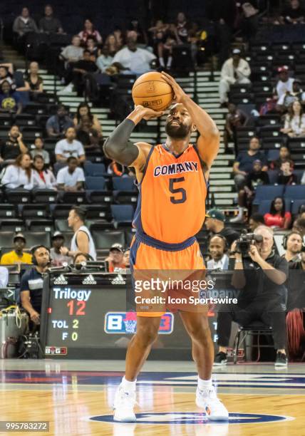 Baron Davis co-captain of 3's Company shoots for 3-points during game 1 in week three of the BIG3 3-on-3 basketball league on Friday, July 6, 2018 at...