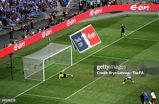 Petr Cech of Chelsea saves a penalty from Kevin-Prince Boateng of Portsmouth during the FA Cup sponsored by E.ON Final match between Chelsea and...