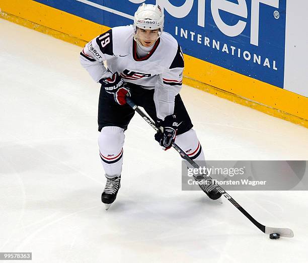 Chris Kreider of USA runs with the puck during the IIHF World Championship final round match between USA and Kazakhstan at Lanxess Arena on May 15,...