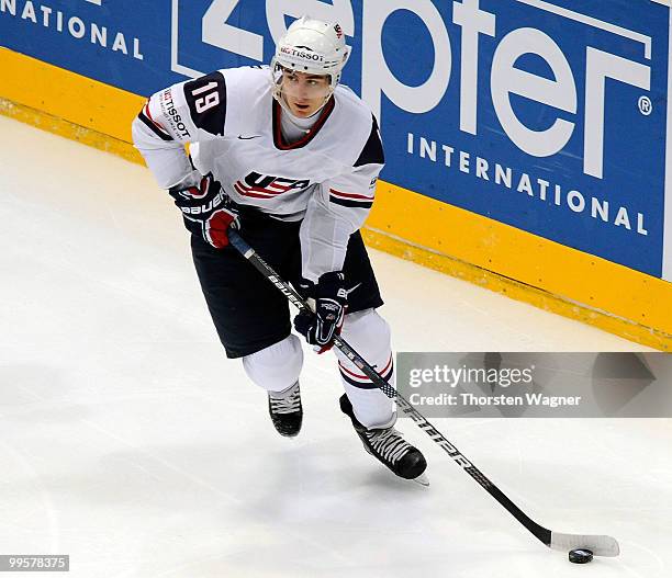 Chris Kreider of USA runs with the puck during the IIHF World Championship final round match between USA and Kazakhstan at Lanxess Arena on May 15,...