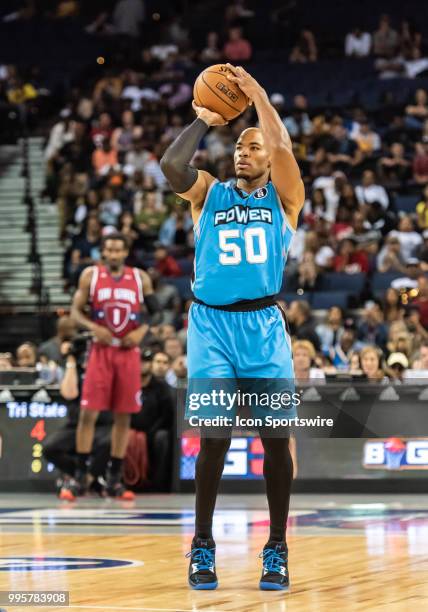 Corey Maggette captain of Power shoots outside the key during game 3 in week three of the BIG3 3-on-3 basketball league on Friday, July 6, 2018 at...