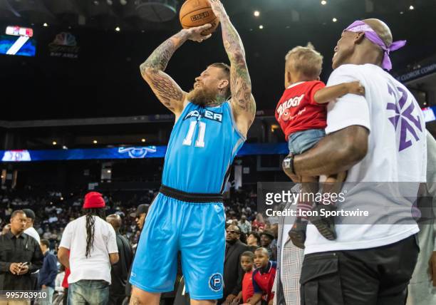 Chris 'Birdman' Andersen of Power warms up on the sidelines before game 3 in week three of the BIG3 3-on-3 basketball league on Friday, July 6, 2018...