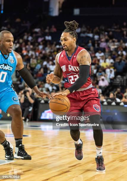 Robert Hite of Tri-State drives in for a play during game 3 in week three of the BIG3 3-on-3 basketball league on Friday, July 6, 2018 at the Oracle...