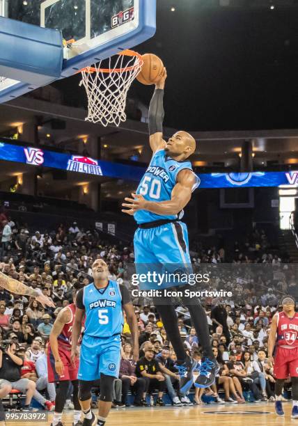 Corey Maggette captain of Power goes for the dunk during game 3 in week three of the BIG3 3-on-3 basketball league on Friday, July 6, 2018 at the...