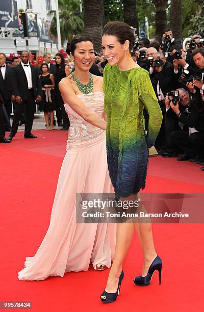 Actresses Michelle Yeoh and Evangeline Lilly attend the 'You Will Meet A Tall Dark Stranger' Premiere held at the Palais des Festivals during the...