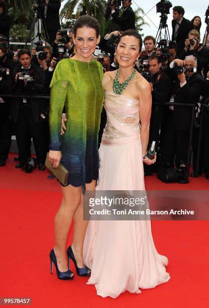 Actresses Evangeline Lilly and Michelle Yeoh attend the 'You Will Meet A Tall Dark Stranger' Premiere held at the Palais des Festivals during the...