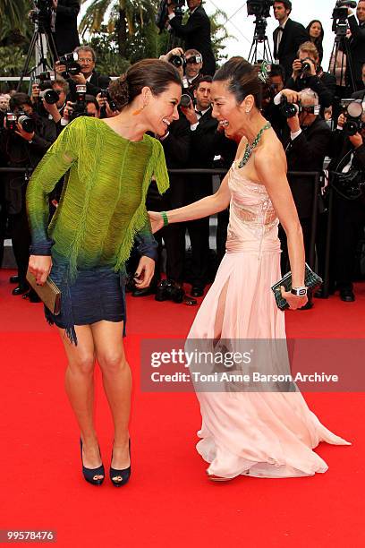 Actresses Evangeline Lilly and Michelle Yeoh attend the 'You Will Meet A Tall Dark Stranger' Premiere held at the Palais des Festivals during the...