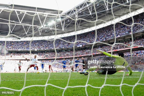 Kevin Prince Boateng of Portsmouth takes a penalty and has it saved by Petr Cech of Chelsea during the FA Cup sponsored by E.ON Final match between...